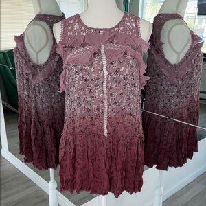 Mauve Floral Ruffle Crochet Sleeveless Tunic